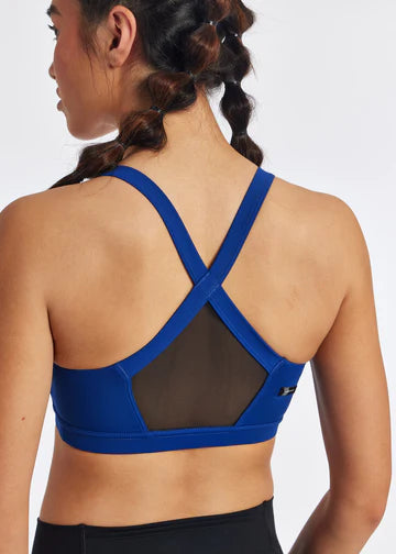 Oiselle High Twenty Bra. Blue. Rear view.