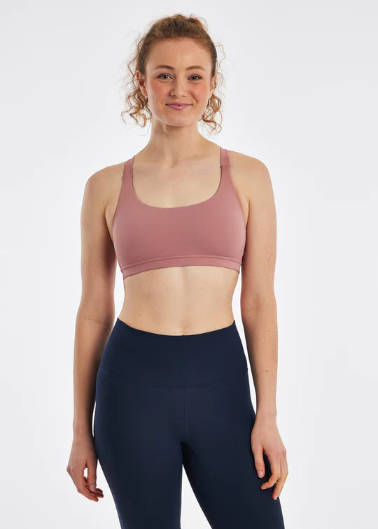 Oiselle High Twenty Bra. Mauve. Front view.