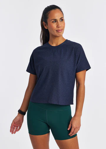 Women's Oiselle Lux Boxy Short Sleeve. Dark Blue. Front view.