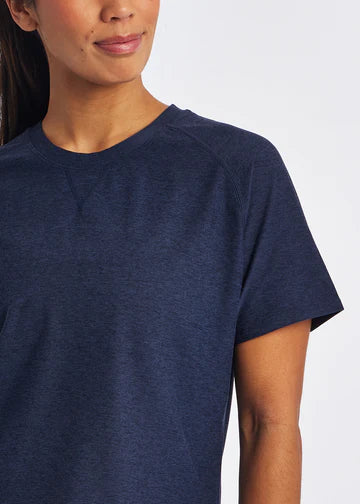 Women's Oiselle Lux Boxy Short Sleeve. Dark Blue. Front closeup.