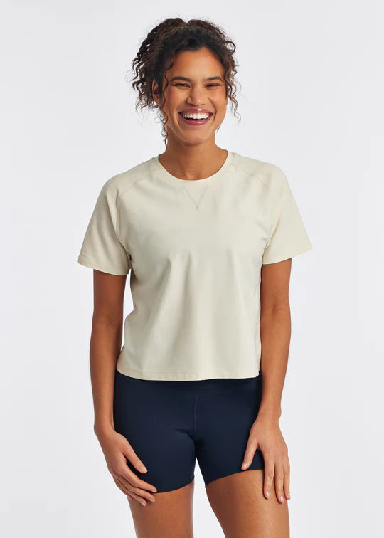 Women's Oiselle Lux Boxy Short Sleeve. Off White. Front view.