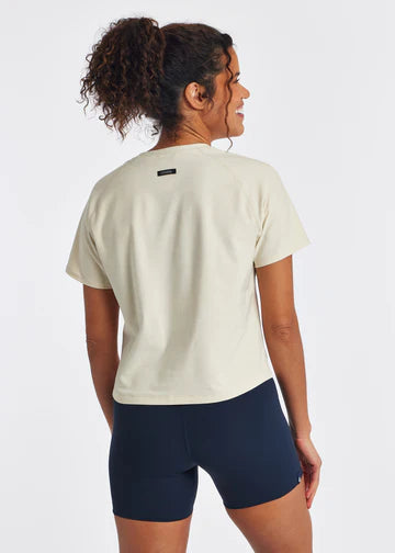 Women's Oiselle Lux Boxy Short Sleeve. Off White. Rear view.