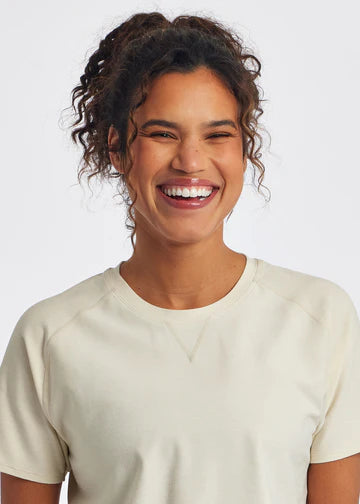 Women's Oiselle Lux Boxy Short Sleeve. Off White. Front closeup.