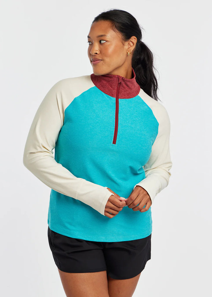 Women's Oiselle Lux Half Zip. Blue/White. Front view.