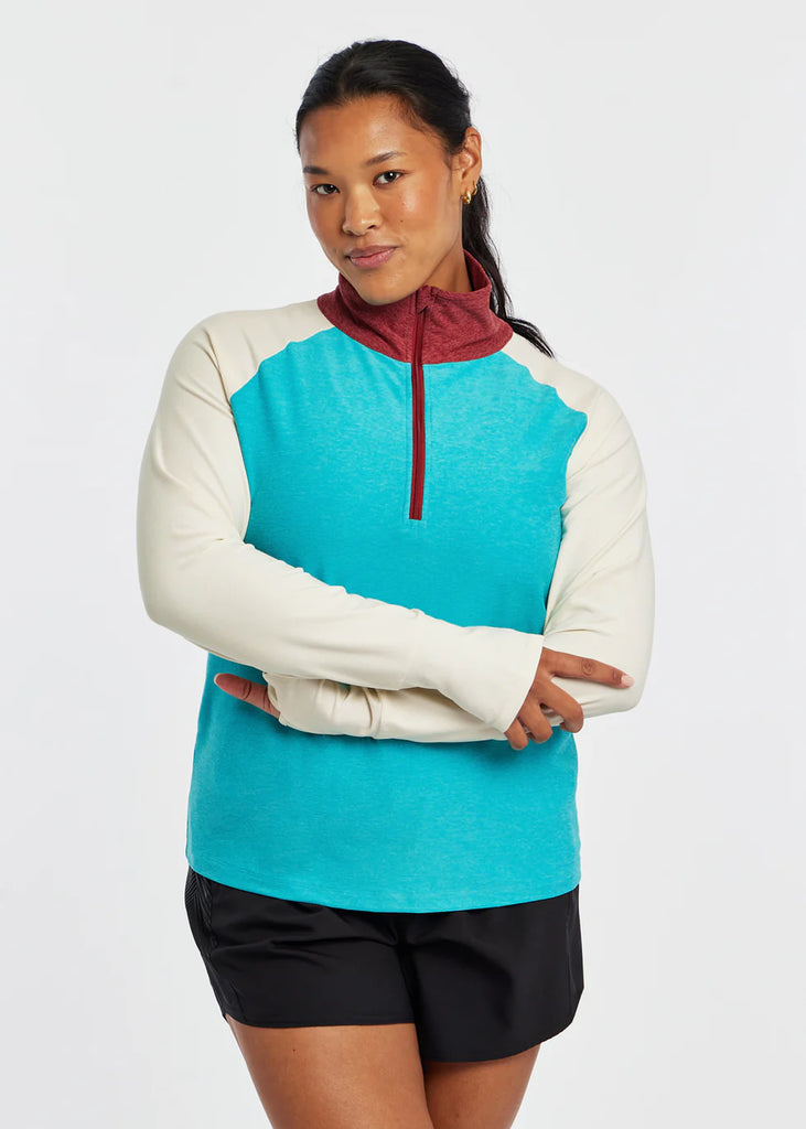 Women's Oiselle Lux Half Zip. Blue/White. Front view.