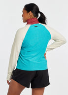 Women's Oiselle Lux Half Zip in Robin/Multi, rear view