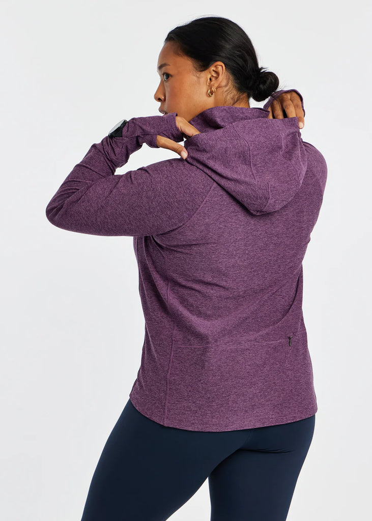Women's Oiselle Lux Highline Hoodie. Purple. Rear view.