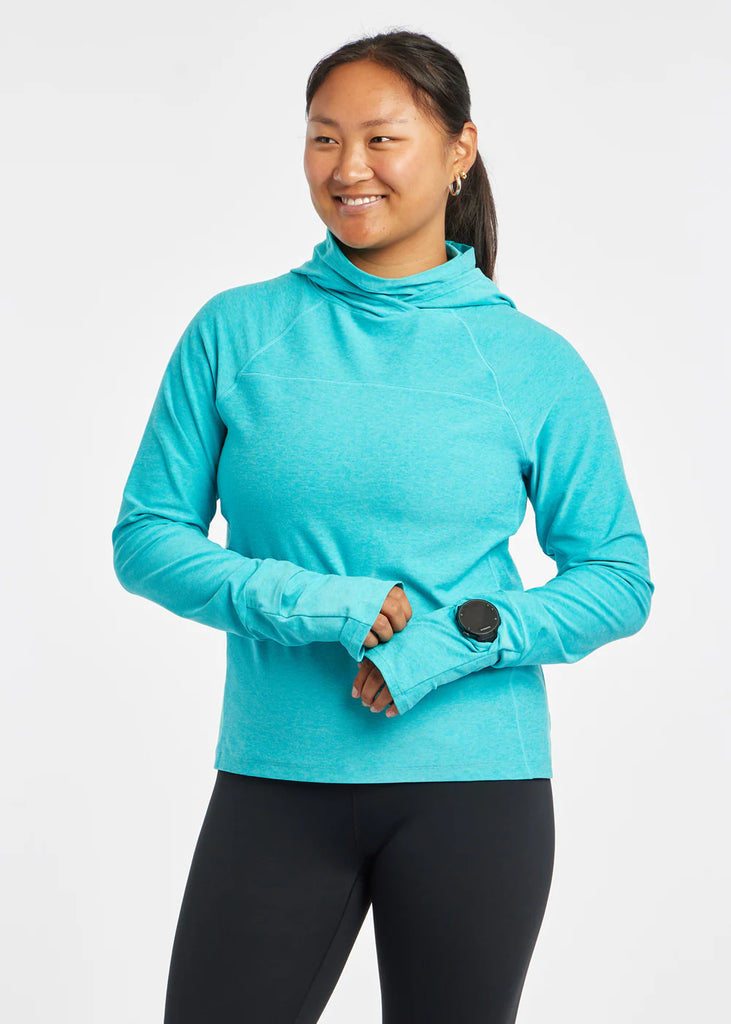 Women's Oiselle Lux Highline Hoodie. Light Blue. Front view.