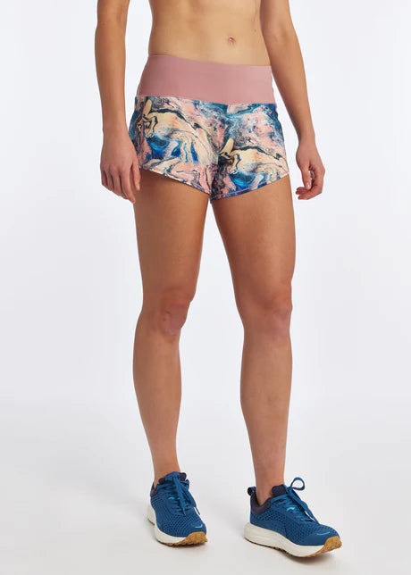 Oiselle Roga Shorts. Marble print. Front view.