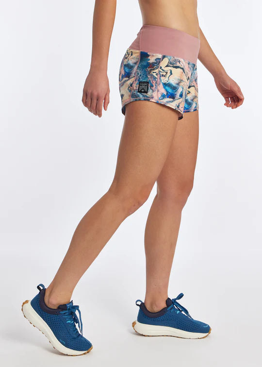 Oiselle Roga Shorts. Marble print. Lateral view.