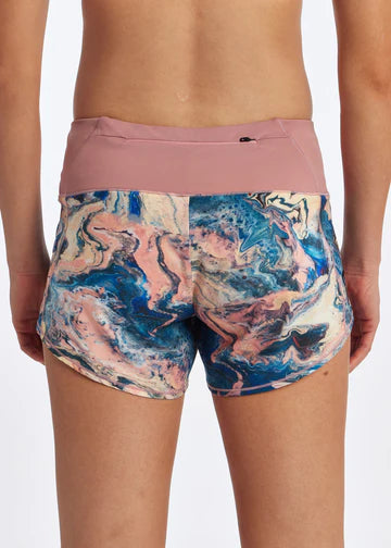 Oiselle Roga Shorts. Marble print. Rear view.