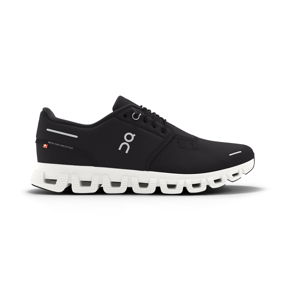 Women's On Cloud 6. Black upper. White midsole. Lateral view.