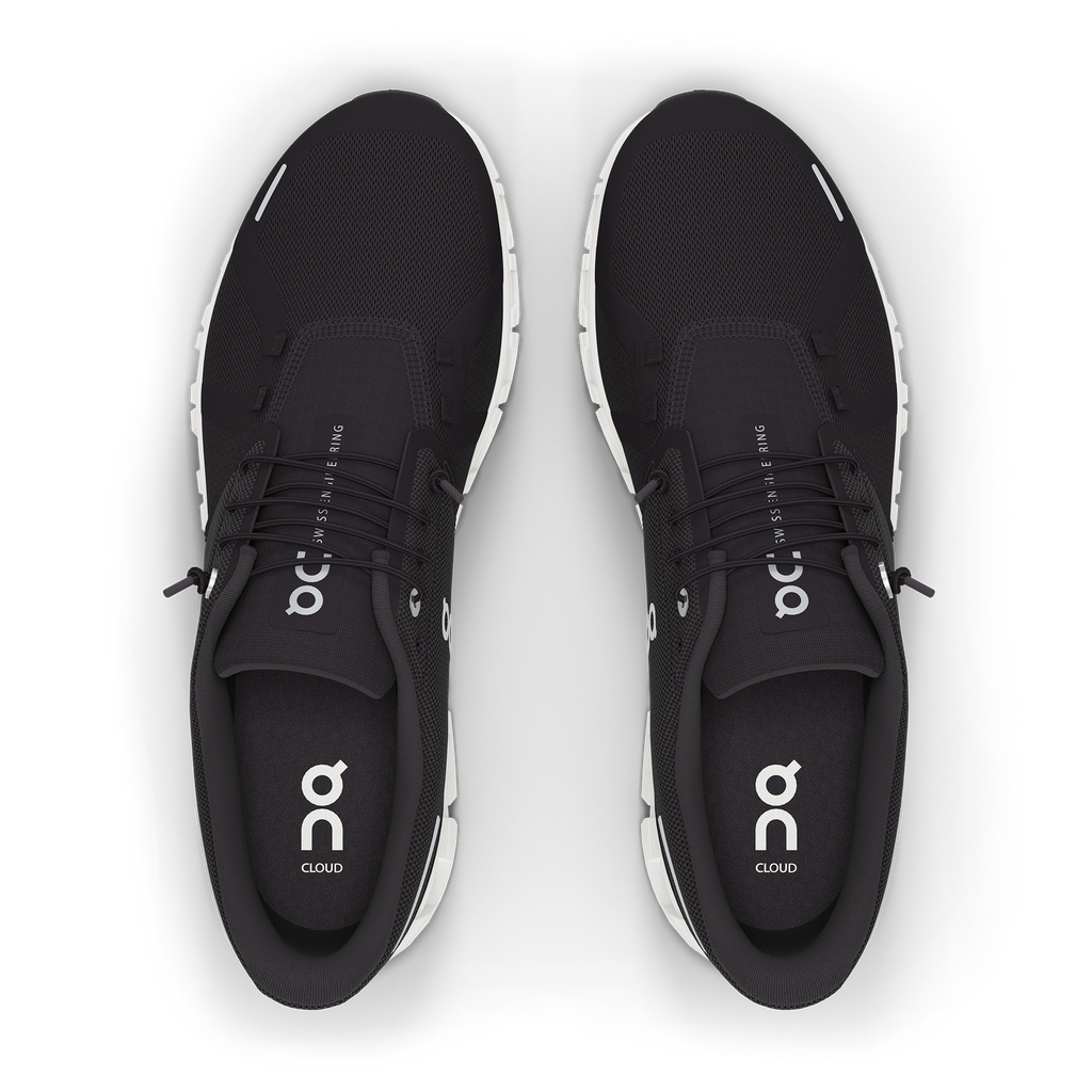 Women's On Cloud 6. Black upper. White midsole. Top view.