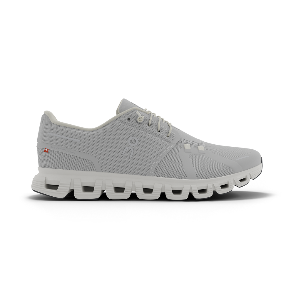 Women's On Cloud 6. Light Grey upper. White midsole. Lateral view.