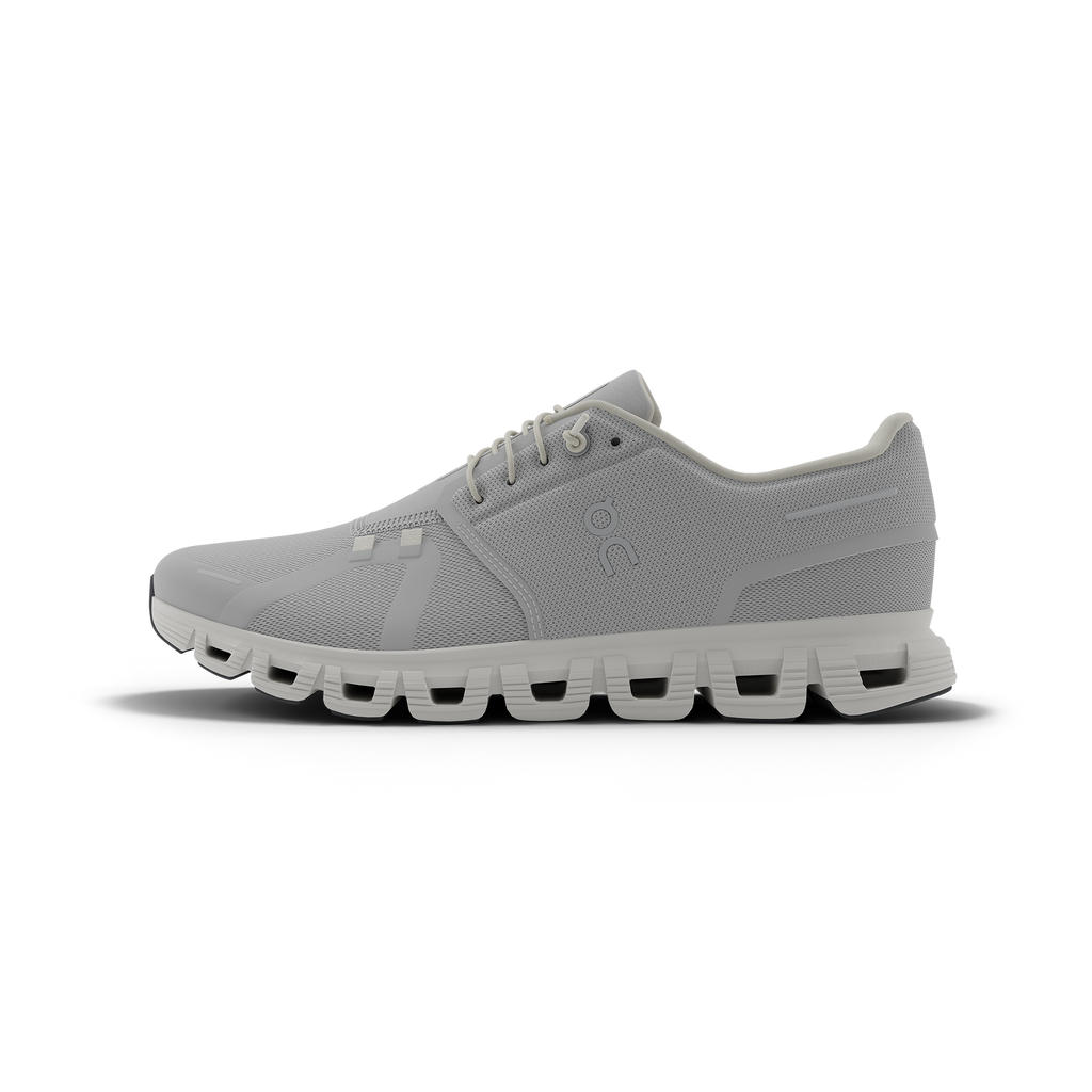 Women's On Cloud 6. Light Grey upper. White midsole. Medial view.
