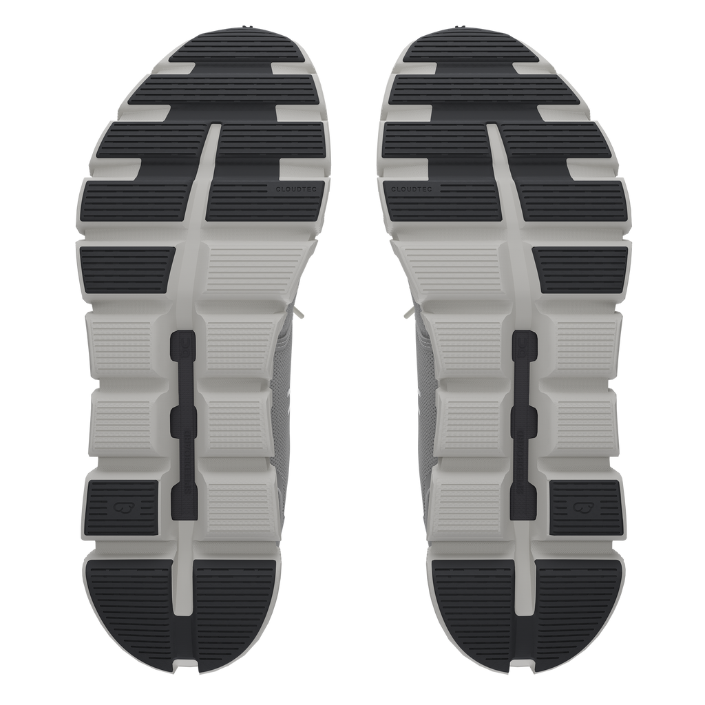 Women's On Cloud 6. Light Grey upper. White midsole. Bottom view.