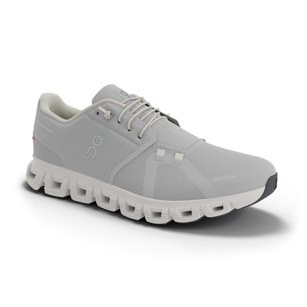 Women's On Cloud 6. Light Grey upper. White midsole. Lateral view.