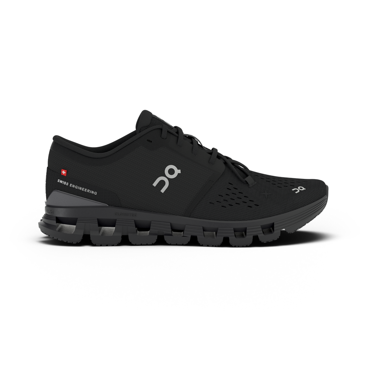 Women's On Cloud X4. Black upper. Black midsole. Lateral view.