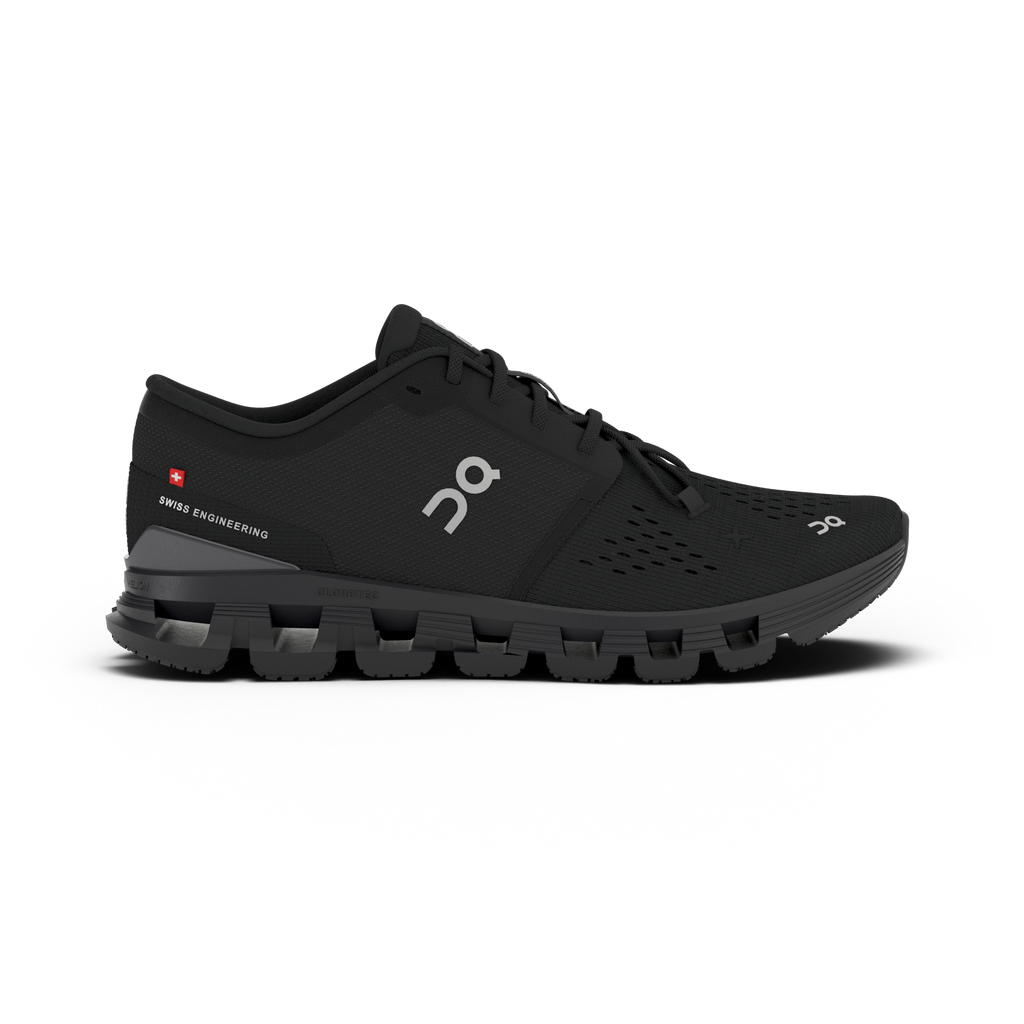 Women's On Cloud X4. Black upper. Black midsole. Lateral view.