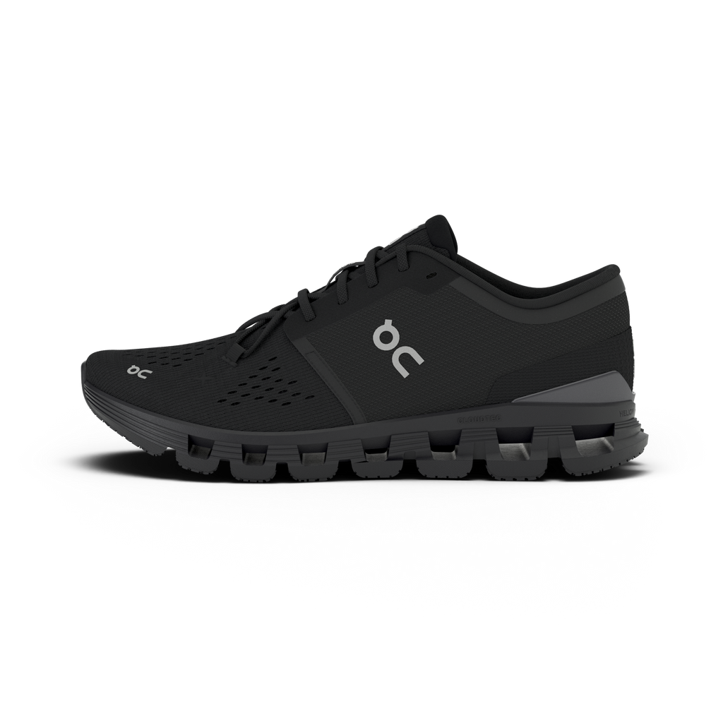 Women's On Cloud X4. Black upper. Black midsole. Medial view.