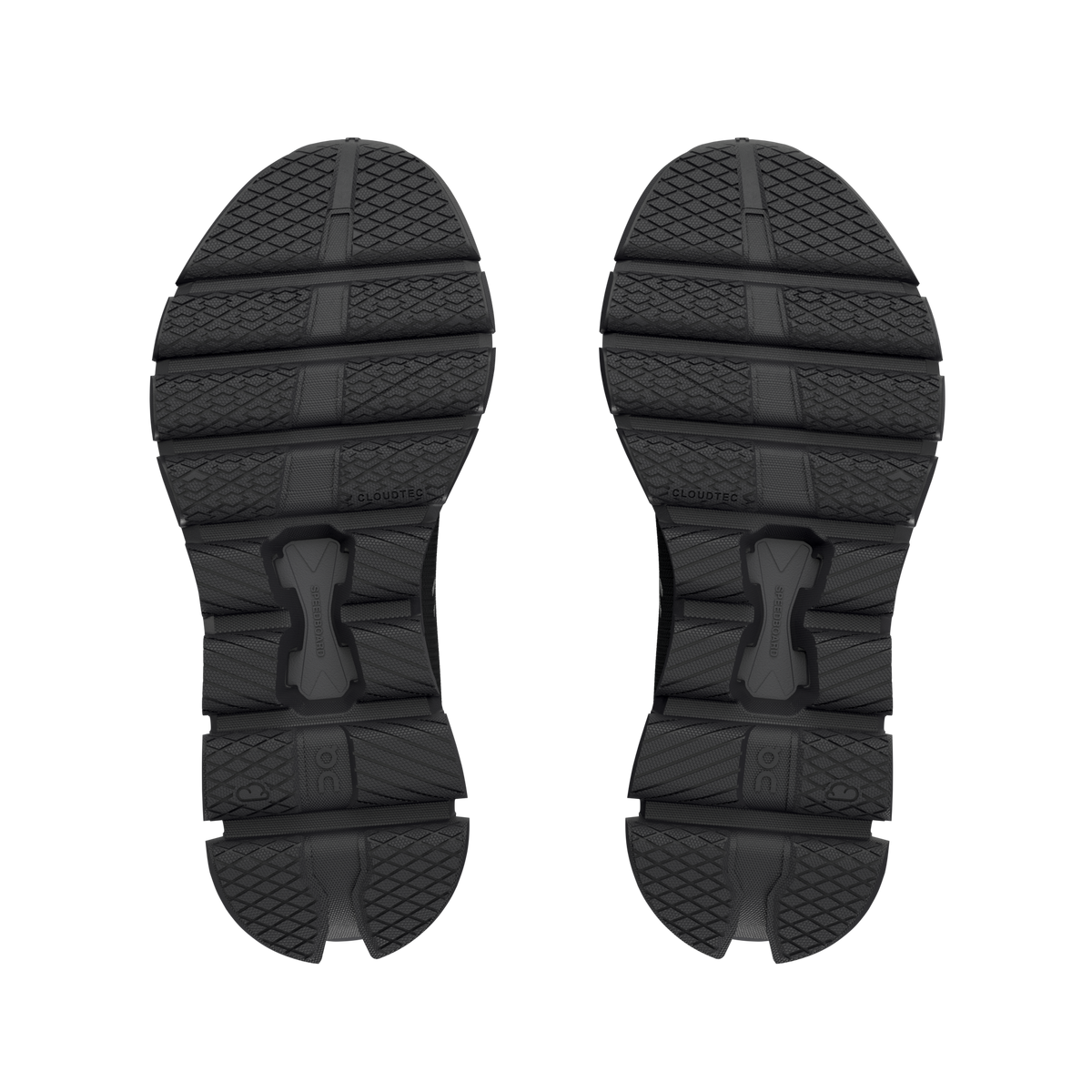 Women's On Cloud X4. Black upper. Black midsole. Bottom view.