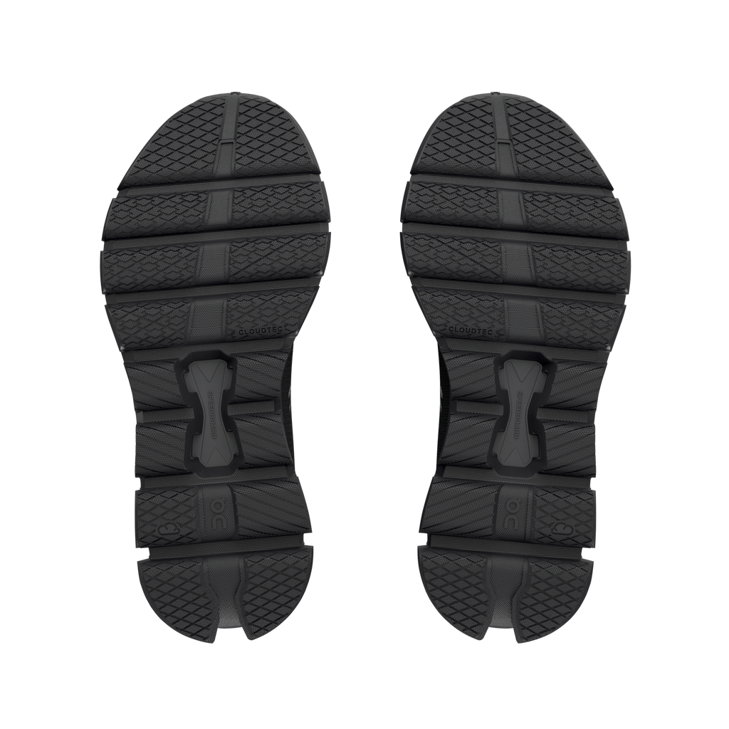 Women's On Cloud X4. Black upper. Black midsole. Bottom view.