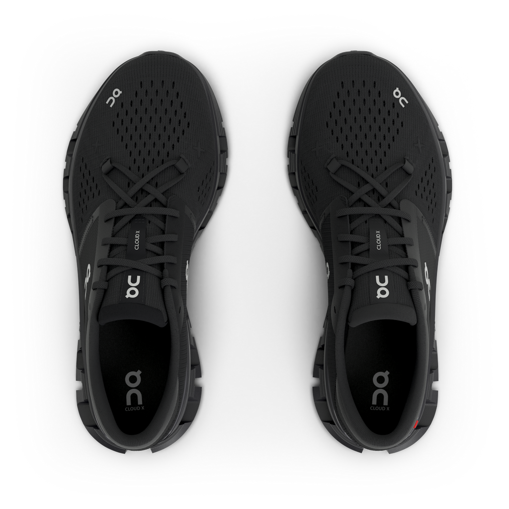 Women's On Cloud X4. Black upper. Black midsole. Top view.