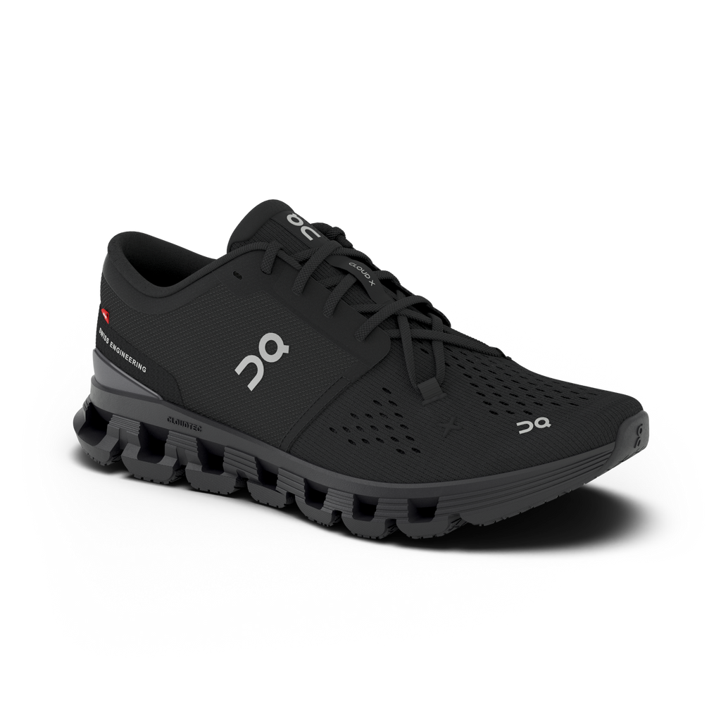 Women's On Cloud X4. Black upper. Black midsole. Lateral view.