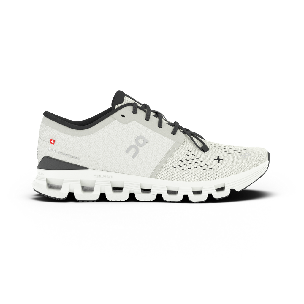 Women's On Cloud X4. Off White upper. White midsole. Lateral view.