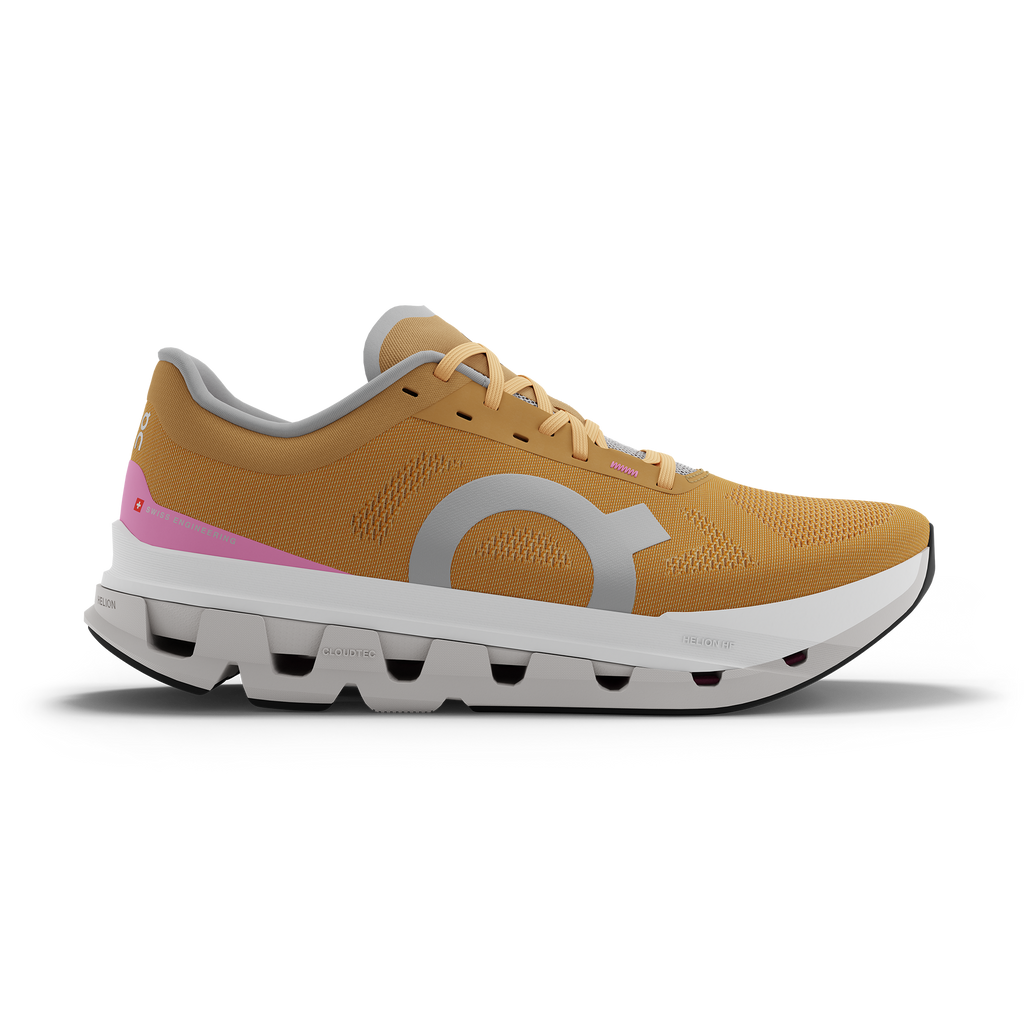 Women's On Cloudflow 5. Orange upper. White midsole. Lateral view.