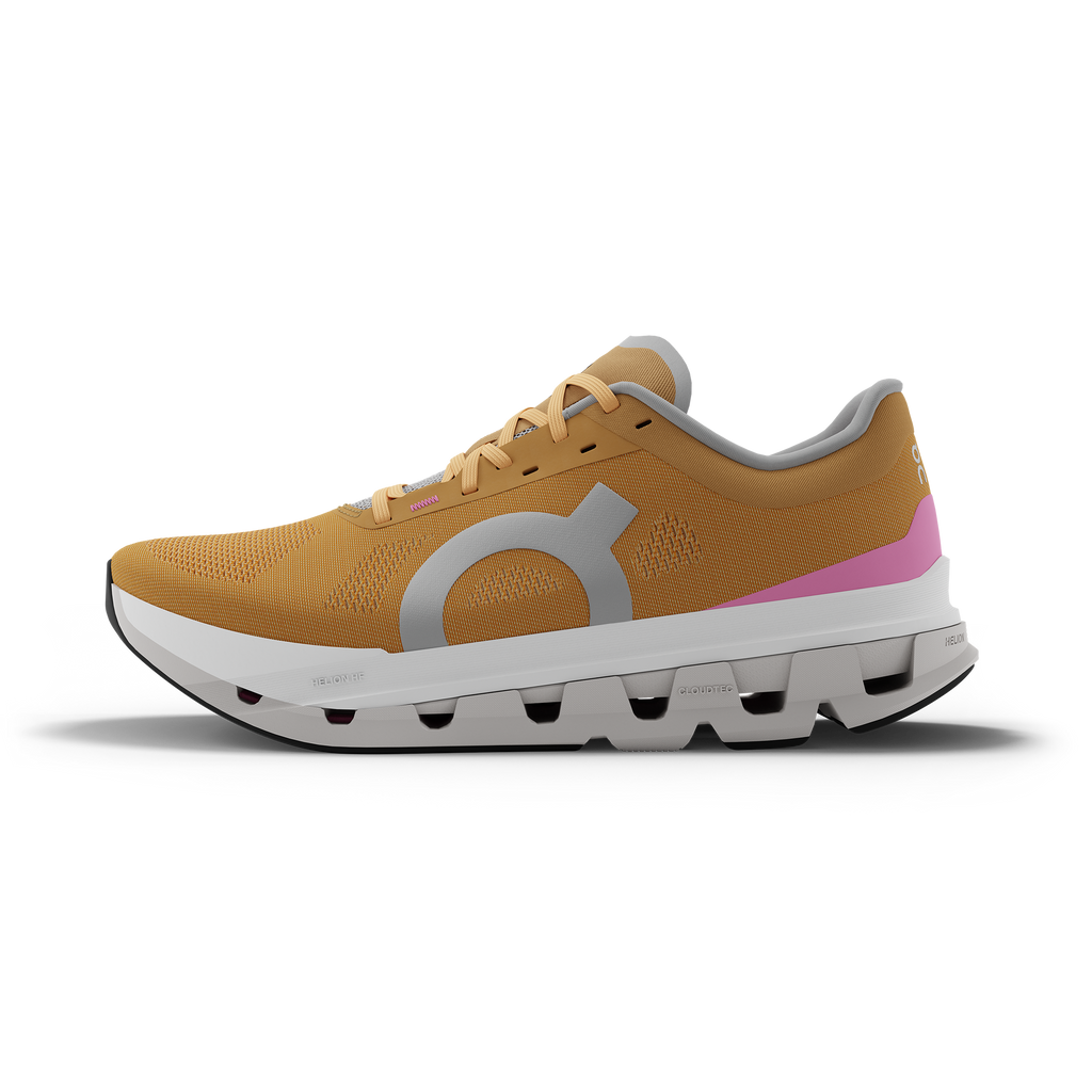 Women's On Cloudflow 5. Orange upper. White midsole. Medial view.