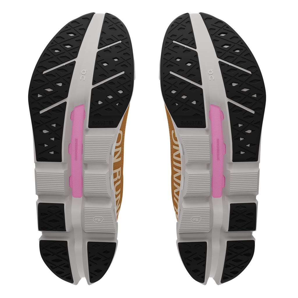 Women's On Cloudflow 5. Orange upper. White midsole. Bottom view.