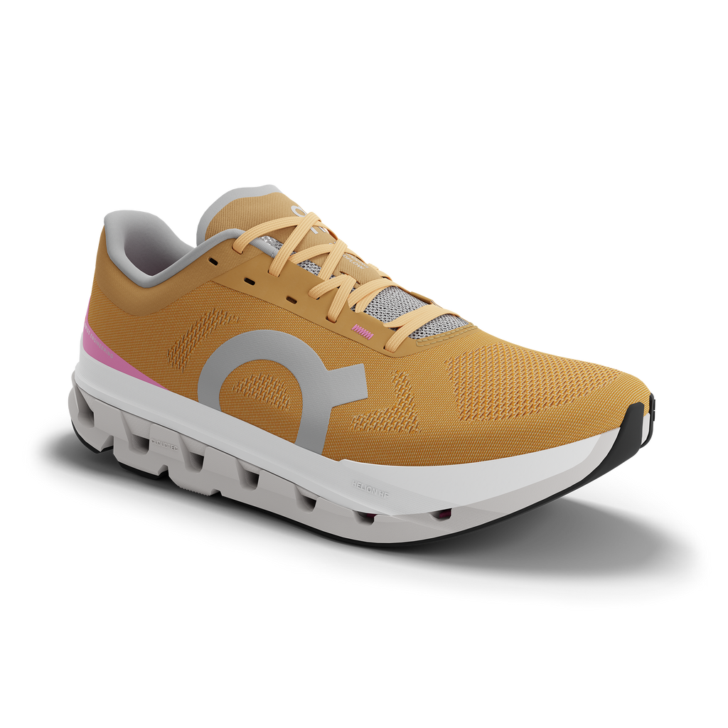 Women's On Cloudflow 5. Orange upper. White midsole. Lateral view.