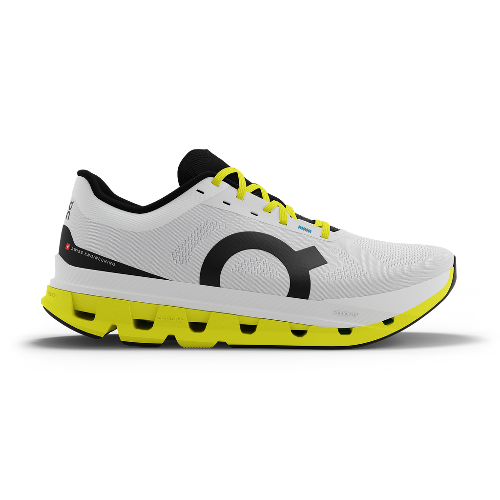 Women's On Cloudflow 5. White upper. Yellow midsole. Lateral view.