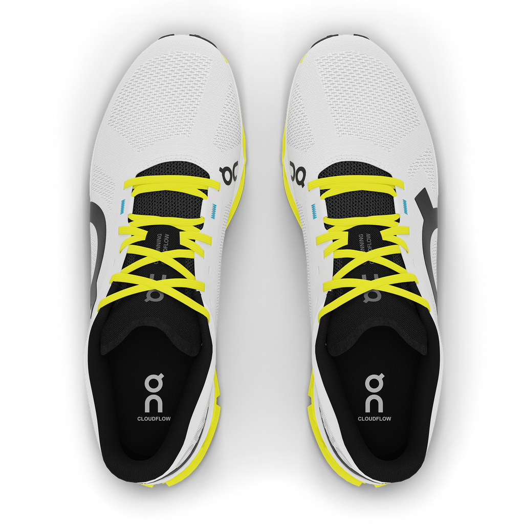 Women's On Cloudflow 5. White upper. Yellow midsole. Top view.