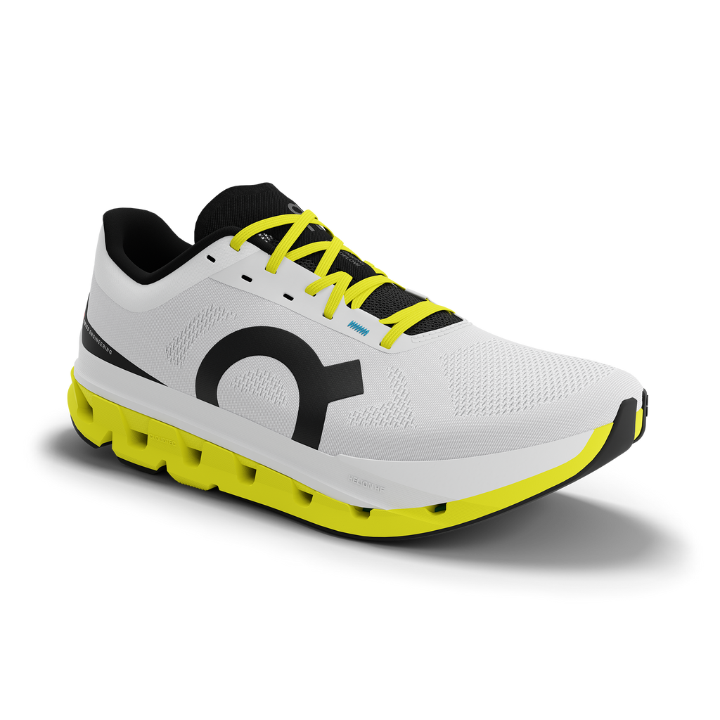 Women's On Cloudflow 5. White upper. Yellow midsole. Lateral view.