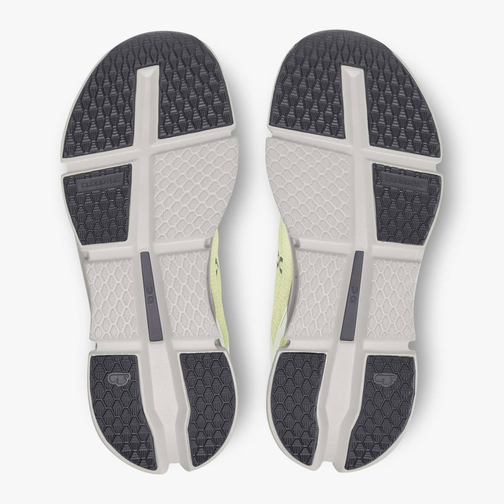 Women's On Cloudgo. Light Yellow upper. White midsole. Bottom view.