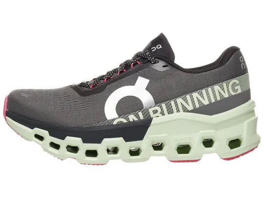 Women's On Running Cloudmonster 2. Dark Grey upper. Green midsole. Lateral view.