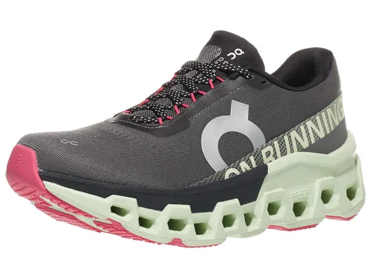 Women's On Running Cloudmonster 2. Dark Grey upper. Green midsole. Lateral view.