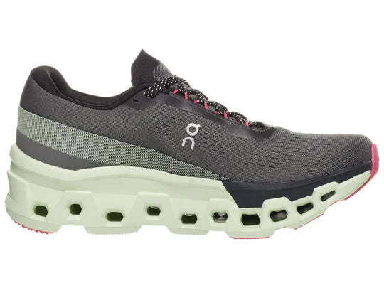 Women's On Running Cloudmonster 2. Dark Grey upper. Green midsole. Medial view.