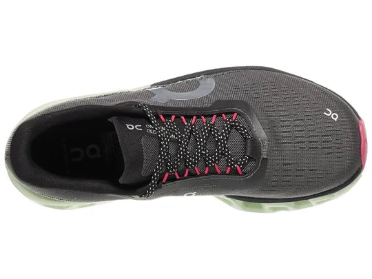 Women's On Running Cloudmonster 2. Dark Grey upper. Green midsole. Top view.