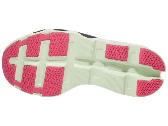 Women's On Running Cloudmonster 2. Dark Grey upper. Green midsole. Bottom view.