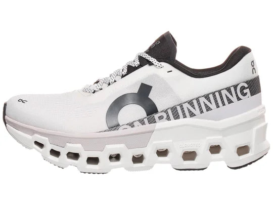 Women's On Cloudmonster 2. White upper. White midsole. Lateral view.