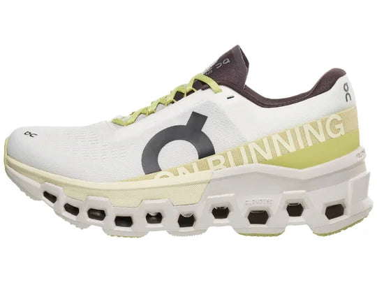 Women's On Cloudmonster 2. White upper. White midsole. Lateral view.