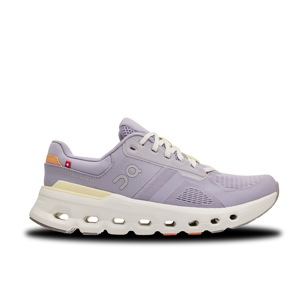 Women's On Cloudrunner 2. Light Purple upper. White midsole. Lateral view.