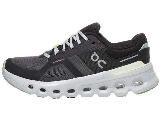 Women's On Running Cloudrunner 2. Black upper. Grey midsole. Lateral view.