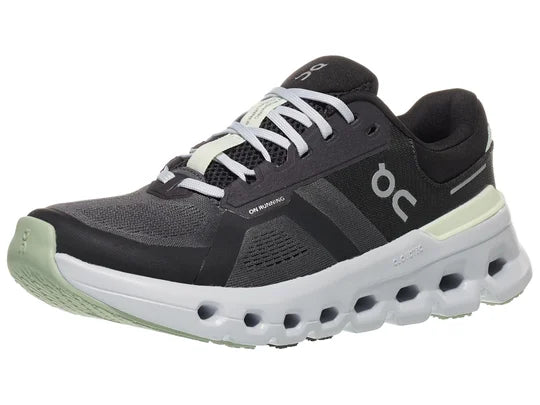 Women's On Running Cloudrunner 2. Black upper. Grey midsole. Lateral view.