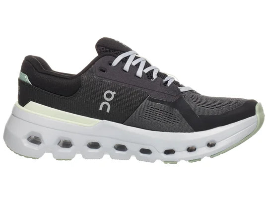 Women's On Running Cloudrunner 2. Black upper. Grey midsole. Medial view.