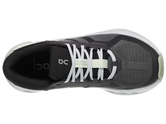 Women's On Running Cloudrunner 2. Black upper. Grey midsole. Top view.