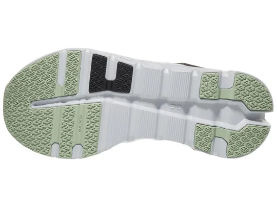 Women's On Running Cloudrunner 2. Black upper. Grey midsole. Bottom view.